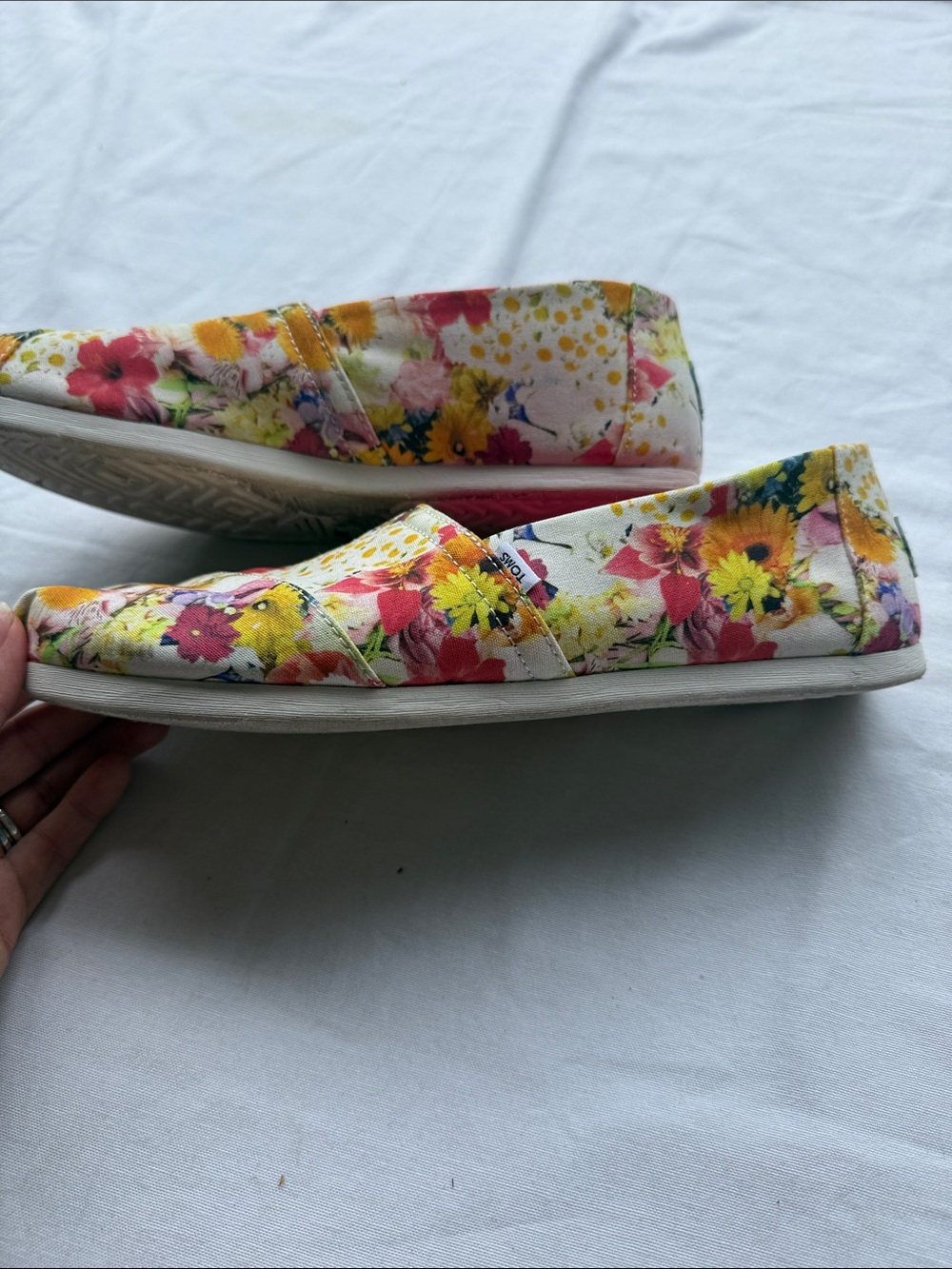 TOMS Floral Canvas Slip-Ons in White, Yellow & Pink - Picture 3 of 6